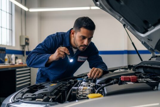 Aria condizionata auto: perché accenderla a marzo dopo l’inverno fa grippare il compressore Meccanico specializzato che esamina con una torcia il vano motore di un'auto per controllare il compressore del clima.