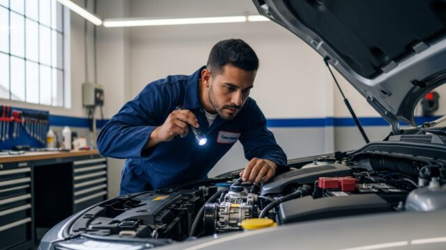 Meccanico specializzato che esamina con una torcia il vano motore di un'auto per controllare il compressore del clima.