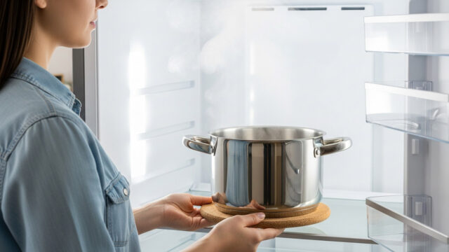 Donna che inserisce una pentola d'acciaio fumante su un sottopentola in sughero all'interno di un frigorifero aperto per sbrinare il freezer con il metodo del vapore.