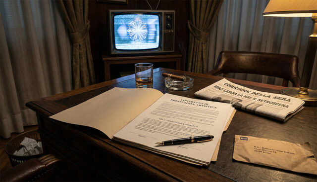 Scrivania anni '80 con contratto di esclusiva firmato e quotidiano con il titolo sull'addio di Mike Bongiorno alla Rai.