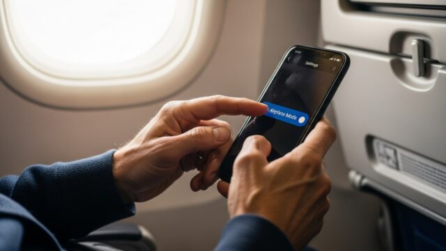 Primo piano delle mani di una persona adulta che attiva la modalità aereo su uno smartphone all'interno di un aereo.