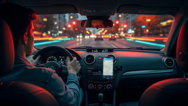 Interno di un'auto di notte con smartphone correttamente posizionato su supporto magnetico per evitare la sospensione della patente secondo il nuovo codice della strada 2026