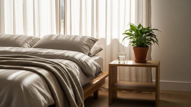 Camera da letto serena e luminosa al mattino, arredamento naturale e rilassante per favorire il riposo circadiano.