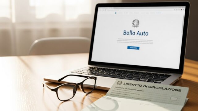 Scrivania ordinata con documenti auto e computer per il pagamento del bollo.