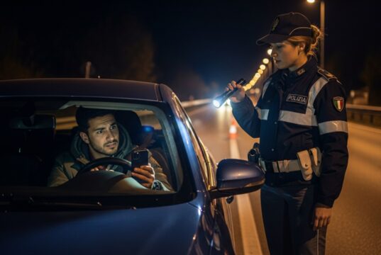Patente digitale su App IO: sanzioni al posto di blocco con smartphone scarico Automobilista mostra il proprio smartphone scarico a un'agente di Polizia durante un controllo notturno della patente digitale.