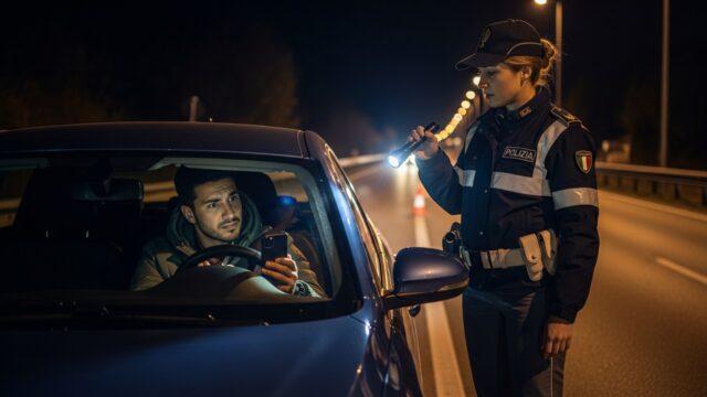 Automobilista mostra il proprio smartphone scarico a un'agente di Polizia durante un controllo notturno della patente digitale.