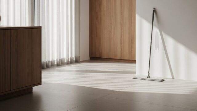 Salotto luminoso con pavimento in gres opaco e dettagli in laminato puliti alla luce del mattino