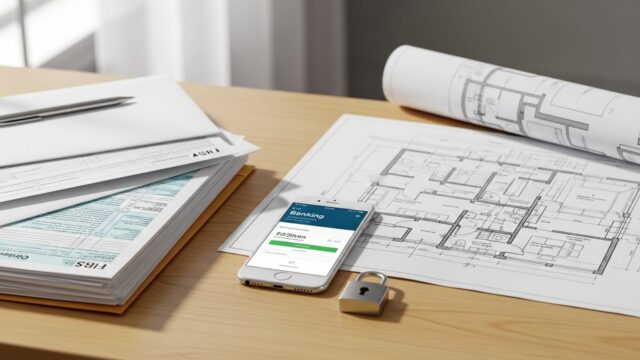Scrivania ordinata con documenti fiscali e planimetria per la tutela della pratica del bonus edilizio.
