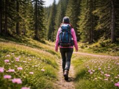 Primavera in Carnia: un viaggio tra erbe e natura Donna con zaino che cammina lungo un sentiero fiorito tra i prati della Carnia in primavera.