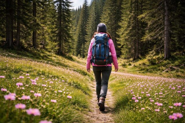 Escursione botanica tra i fiori e le erbe della Carnia Donna con zaino che cammina lungo un sentiero fiorito tra i prati della Carnia in primavera.