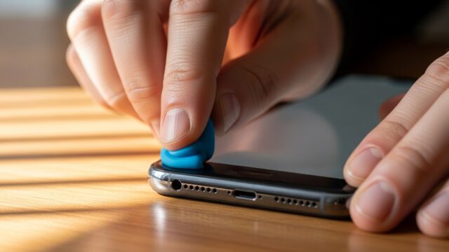 Un primo piano macro dettagliato di un dito di una persona anziana che preme con precisione un pezzo di gomma adesiva blu sopra i fori dell'altoparlante inferiore di uno smartphone scuro, su una scrivania di legno.