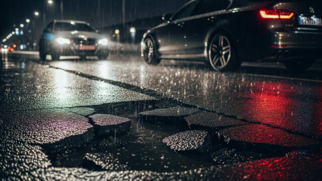Automobile con le quattro frecce accese ferma di notte accanto a una profonda buca stradale irregolare piena d'acqua.