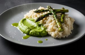 Risotto agli asparagi: la tecnica per mantenere il colore verde ed evitare sprechi Risotto agli asparagi cremoso color smeraldo con punte abbrustolite e vapore leggero su piatto di ceramica.