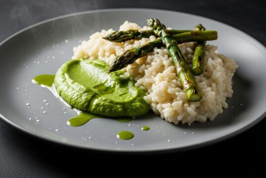 Risotto agli asparagi: la tecnica per mantenere il colore verde ed evitare sprechi Risotto agli asparagi cremoso color smeraldo con punte abbrustolite e vapore leggero su piatto di ceramica.