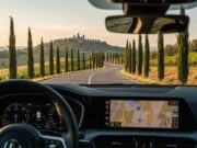 Road trip in Italia: come organizzare un viaggio in auto perfetto Visuale dall'interno di un'auto moderna che percorre una strada collinare in Toscana al tramonto, con navigatore satellitare che mostra il percorso tra le colline e un borgo medievale all'orizzonte.