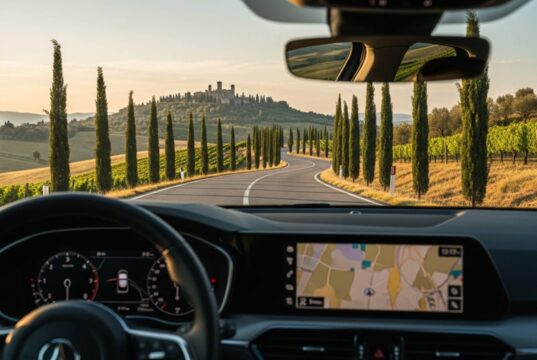 Road trip in Italia: come organizzare un viaggio in auto perfetto Visuale dall'interno di un'auto moderna che percorre una strada collinare in Toscana al tramonto, con navigatore satellitare che mostra il percorso tra le colline e un borgo medievale all'orizzonte.
