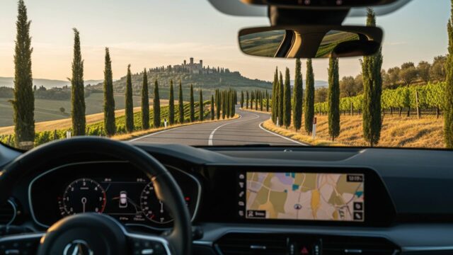 Visuale dall'interno di un'auto moderna che percorre una strada collinare in Toscana al tramonto, con navigatore satellitare che mostra il percorso tra le colline e un borgo medievale all'orizzonte.