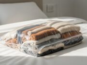 Cambio di stagione: l’errore dei sacchetti sottovuoto che distrugge piumini e maglioni Busta sottovuoto trasparente piena di vestiti sul letto