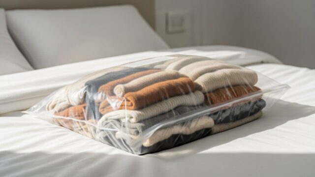 Busta sottovuoto trasparente piena di vestiti sul letto