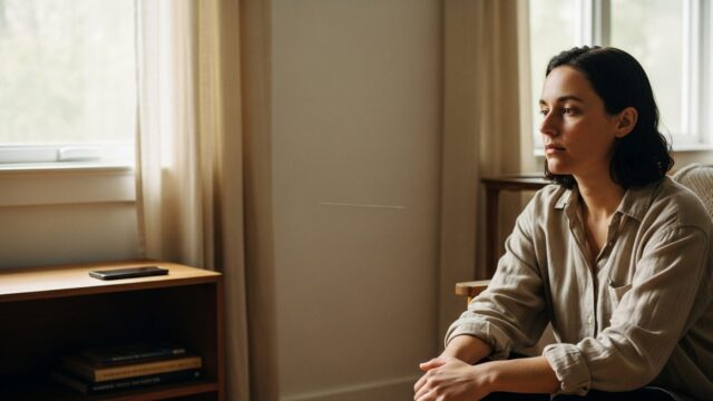 Una persona seduta in un ambiente domestico luminoso e naturale, con uno smartphone posizionato a distanza su una mensola, simbolo di quiete interiore e distacco dalla tecnologia.