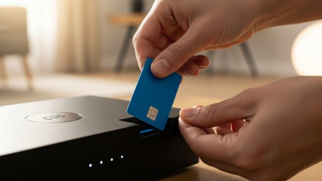Mani che estraggono una vecchia smartcard azzurra dal decoder televisivo in un salotto luminoso.