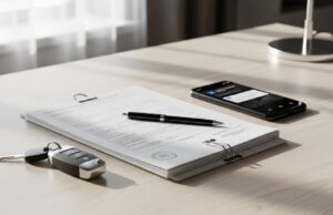 Nuovo Codice della Strada 2026: multe bloccate ma scatta la sospensione breve della patente Documenti ufficiali, chiavi dell'auto e smartphone su una scrivania che rappresentano le normative del nuovo codice della strada.