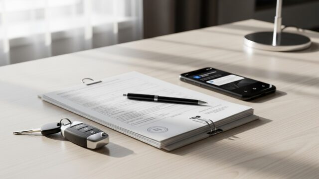 Documenti ufficiali, chiavi dell'auto e smartphone su una scrivania che rappresentano le normative del nuovo codice della strada.