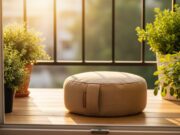 Astenia primaverile 2026: come combattere la stanchezza con il trucco della luce naturale Un accogliente spazio esterno al mattino con cuscino da yoga e piante verdi, illuminato dalla morbida luce naturale primaverile per favorire il benessere psicofisico.