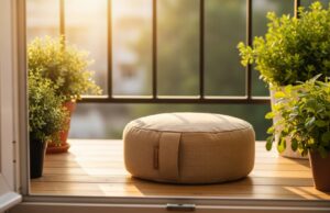 Astenia primaverile 2026: come combattere la stanchezza con il trucco della luce naturale Un accogliente spazio esterno al mattino con cuscino da yoga e piante verdi, illuminato dalla morbida luce naturale primaverile per favorire il benessere psicofisico.