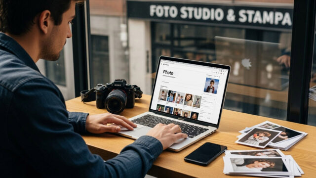 Un uomo utilizza un laptop per ordinare stampe fotografiche online, con foto cartacee e una fotocamera sul tavolo, davanti a un negozio di fotografia tradizionale.