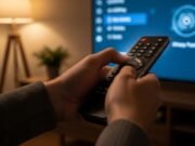Il wi-fi di casa è lento per colpa della smart tv: come risolvere Mani che tengono un telecomando e disattivano il tracciamento dati nelle impostazioni della smart tv in un salotto.