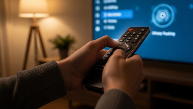 Wi-fi lento in casa per colpa della smart tv Mani che tengono un telecomando e disattivano il tracciamento dati nelle impostazioni della smart tv in un salotto.