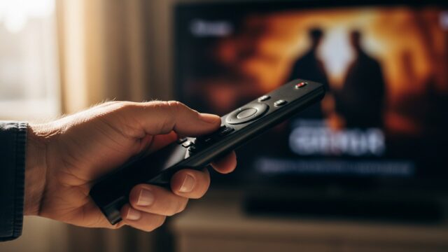 Mano di un uomo maturo che usa un telecomando nero per disattivare le impostazioni della smart TV.