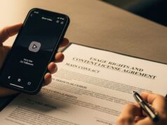 Da influencer a UGC creator: come si guadagna sui social senza follower Una mano tiene un telefono vicino a un contratto legale intitolato 'Cessione dei Diritti'.