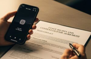 Da influencer a UGC creator: come si guadagna sui social senza follower Una mano tiene un telefono vicino a un contratto legale intitolato 'Cessione dei Diritti'.