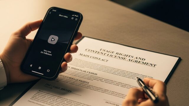 Una mano tiene un telefono vicino a un contratto legale intitolato 'Cessione dei Diritti'.