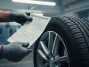 Cambio gomme estive 2026: la trappola del libretto che fa scattare 1.682 euro di multa Primo piano ravvicinato delle mani di un meccanico in guanti che reggono una Carta di Circolazione italiana compilata, tenendola vicino al fianco di uno pneumatico estivo montato su un cerchione in lega. La scena è ambientata in un'officina meccanica moderna con illuminazione cinematografica, focalizzata sul confronto tra le specifiche del documento e quelle del pneumatico.