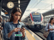 Treni regionali 2026: addio al check-in, ma attenzione alla trappola della validazione automatica Una giovane donna preoccupata consulta lo smartphone sulla banchina di una stazione ferroviaria mentre un treno regionale è in arrivo; in evidenza il tasto "Cambia ora" per la gestione del biglietto digitale.