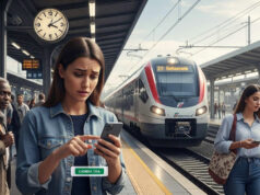Treni regionali 2026: addio al check-in, ma attenzione alla trappola della validazione automatica Una giovane donna preoccupata consulta lo smartphone sulla banchina di una stazione ferroviaria mentre un treno regionale è in arrivo; in evidenza il tasto "Cambia ora" per la gestione del biglietto digitale.