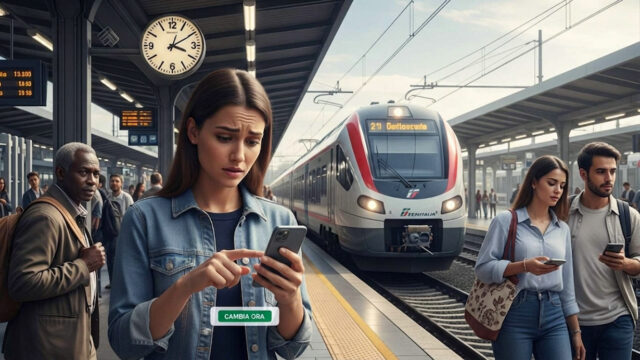 Una giovane donna preoccupata consulta lo smartphone sulla banchina di una stazione ferroviaria mentre un treno regionale è in arrivo; in evidenza il tasto "Cambia ora" per la gestione del biglietto digitale.