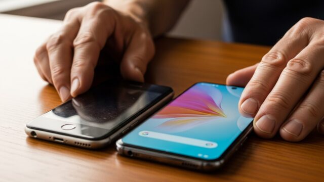 Dettaglio delle mani di un uomo maturo che appoggia un vecchio smartphone accanto a un telefono nuovo su una scrivania di legno.