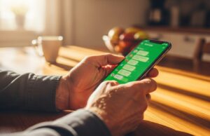 WhatsApp a pagamento nel 2026: la verità sul nuovo abbonamento e la truffa da evitare Mani di un uomo maturo che usa uno smartphone in cucina per controllare i messaggi in modo sicuro.