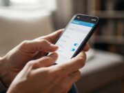 Truffa whatsapp del finto voto: come bloccare il ghost pairing Mani di una persona che controlla le impostazioni di sicurezza dello smartphone vicino a una finestra luminosa.