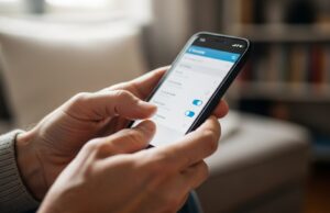 Truffa whatsapp del finto voto: come bloccare il ghost pairing Mani di una persona che controlla le impostazioni di sicurezza dello smartphone vicino a una finestra luminosa.