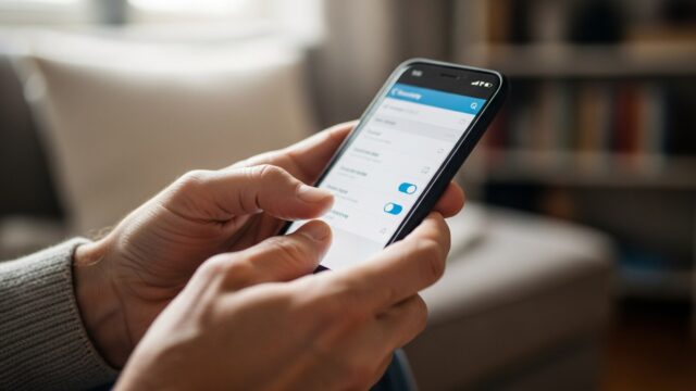 Mani di una persona che controlla le impostazioni di sicurezza dello smartphone vicino a una finestra luminosa.