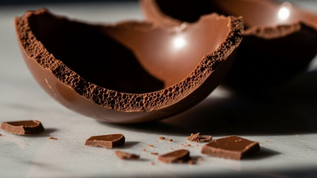 Macro di un uovo di Pasqua in cioccolato fondente spezzato su marmo, con bordi netti e superficie lucida