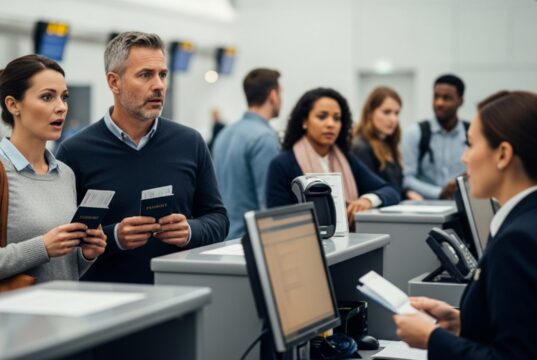 Passaporto e vacanze di Pasqua 2026: la regola dei 6 mesi di validità residua che blocca l’imbarco in aeroporto Coppia di viaggiatori scioccata al banco check-in dell'aeroporto mentre l'addetta blocca l'imbarco a causa della validità residua del passaporto.