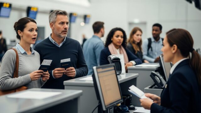 Coppia di viaggiatori scioccata al banco check-in dell'aeroporto mentre l'addetta blocca l'imbarco a causa della validità residua del passaporto.