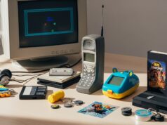 Gli oggetti degli anni ’90 che hai ancora in casa e che oggi valgono una fortuna Oggetti vintage degli anni novanta disposti su una scrivania in legno pulita