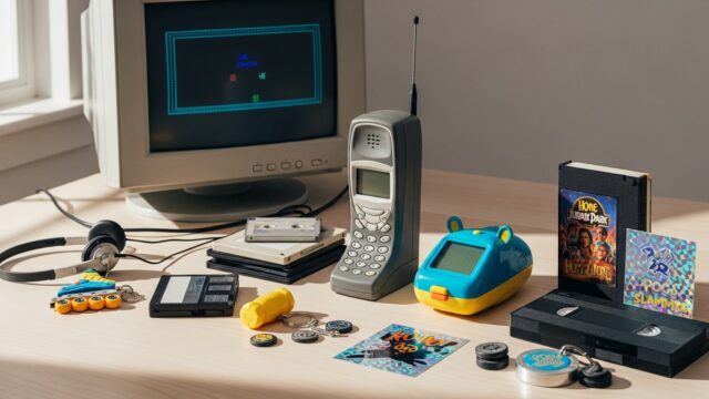 Oggetti vintage degli anni novanta disposti su una scrivania in legno pulita